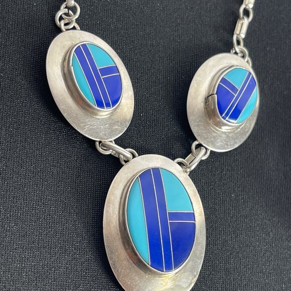 Navajo Turquoise Sterling Earrings Necklace Bracelet McCray JM Lapis Silver Set - Picture 6 of 12